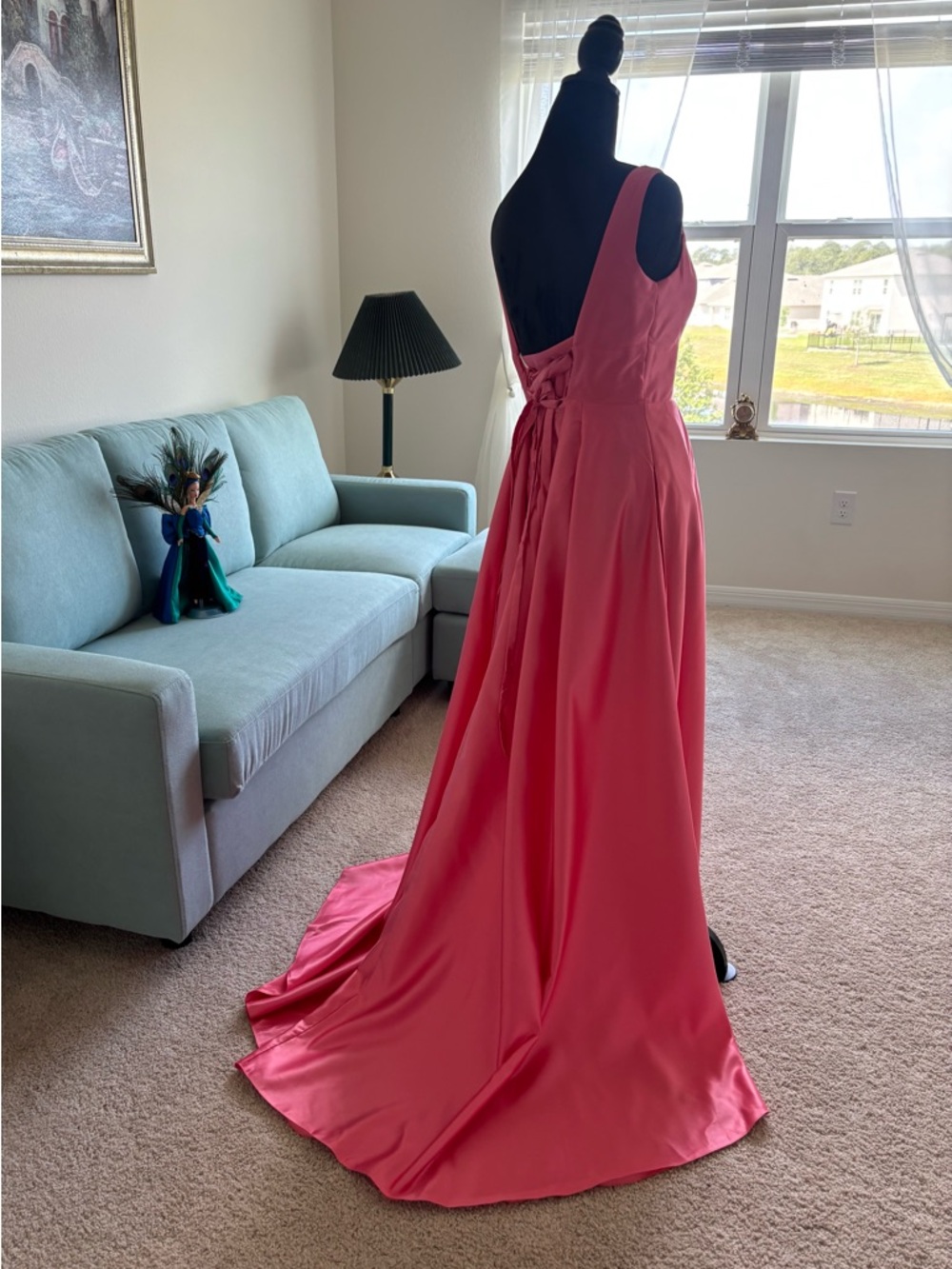 Elegant Satin Hi-Low Dress w/ Lace-Up Back & Pockets – Size S - Picture 12 of 13